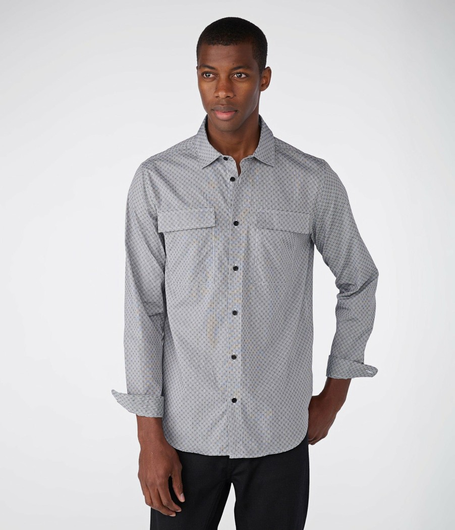 Men * | Cheap Dot/Cross Print Ls Shirt With Chest Pockets Grey