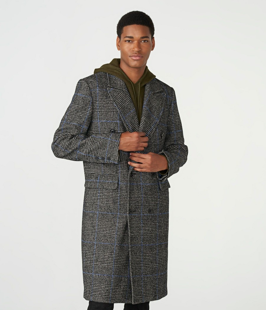 Men * | The Varied Pattern Black Plaid Db Coat Black/White