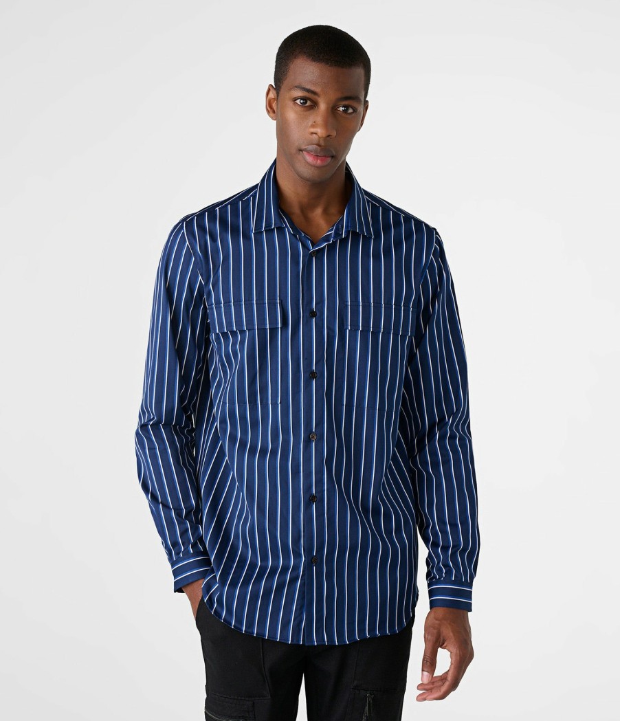 Men * | Attractive Model Striped Patch Pocket Button Up